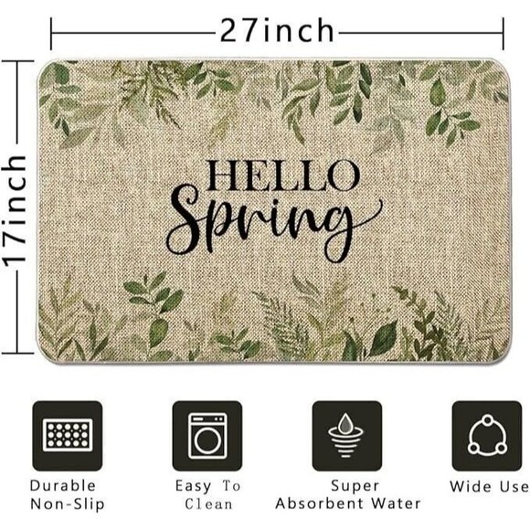 Hello Spring Leaves Farmhouse Indoor Outdoor Entrance Non Slip Door Mat 27 x 17 - Picture 2 of 12
